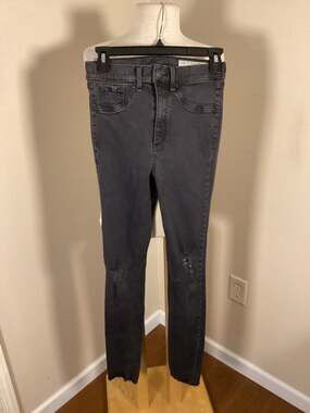 rag & bone High Rise Skinny Jeans in Night Dark Gray with Knee Rips and Raw Hem